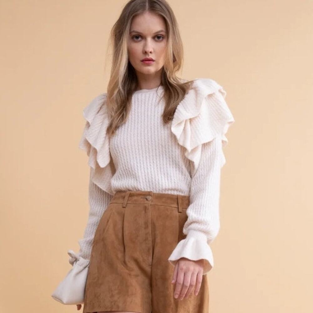 Rachel Parcell Ruffled Long Sleeve Pointelle Crew Neck Cozy Sweater Cream XL